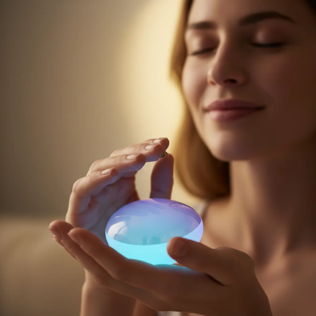 Hands holding a glowing AI meditation device during mindfulness.