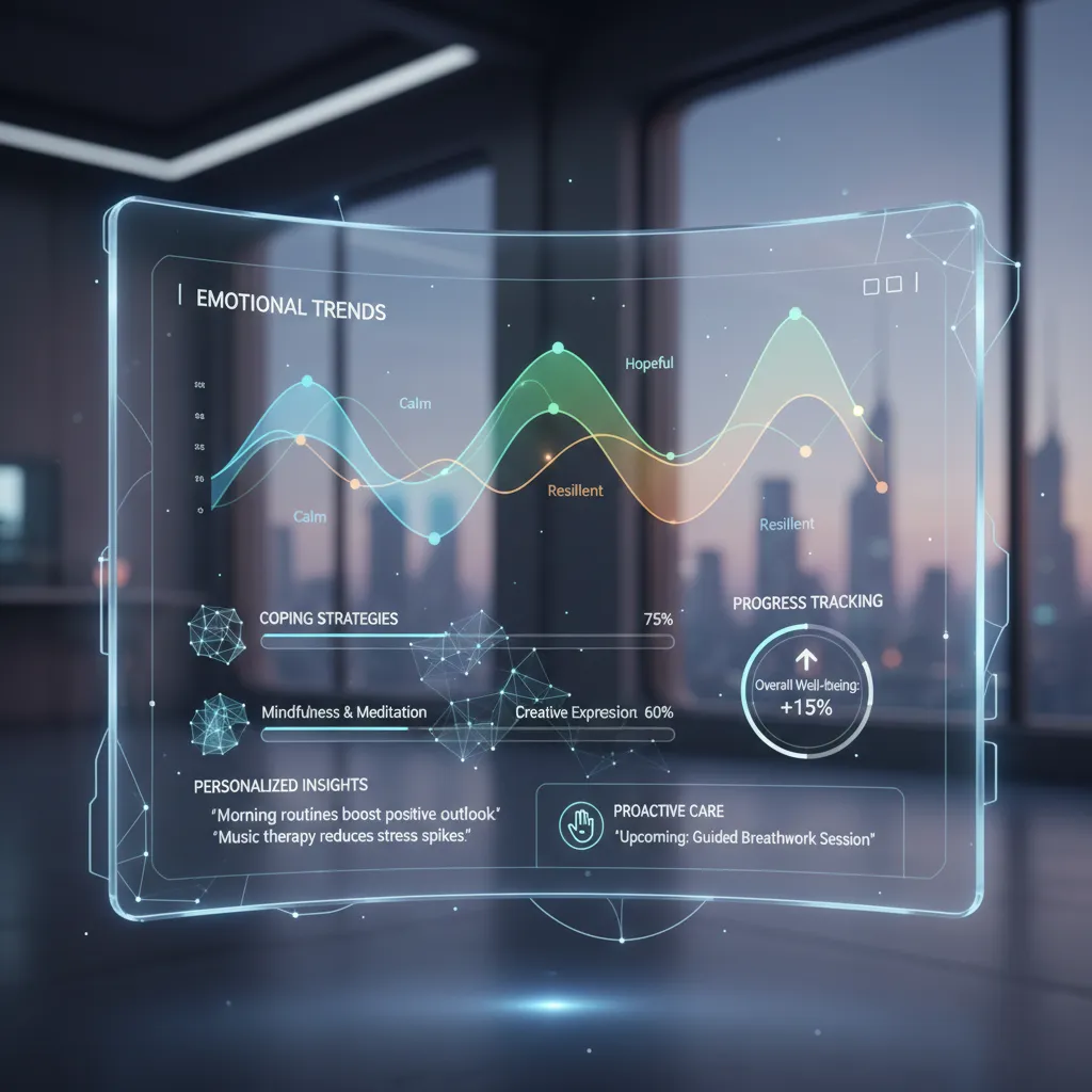 Futuristic AI mental health dashboard displaying a user's mood trends, progress on goals, and personalized activity suggestions.