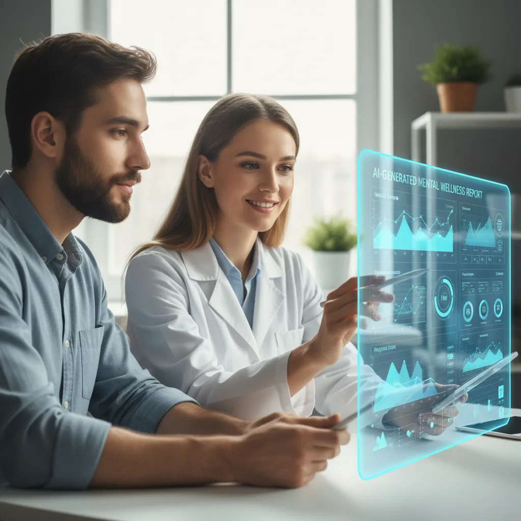 Healthcare professional and patient reviewing AI mental health report