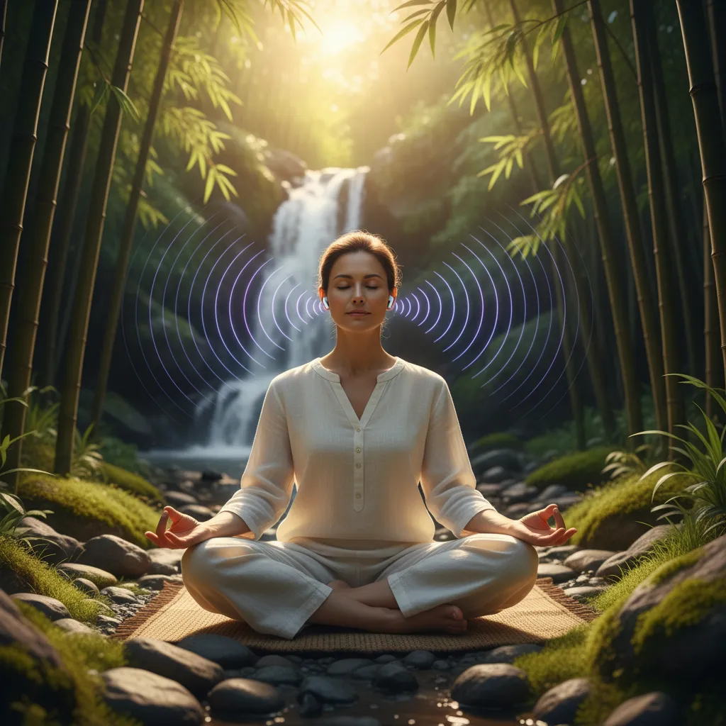 Person meditating with AI-guided mindfulness earbuds