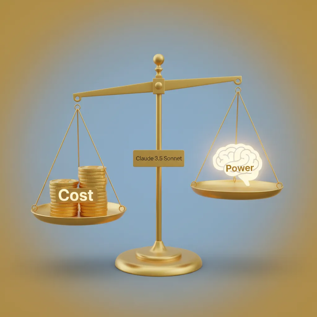 A balanced scale weighing the cost (dollar sign) against the power (brain icon) for both Claude 3.5 Sonnet and GPT-4o, showing Sonnet as better value.