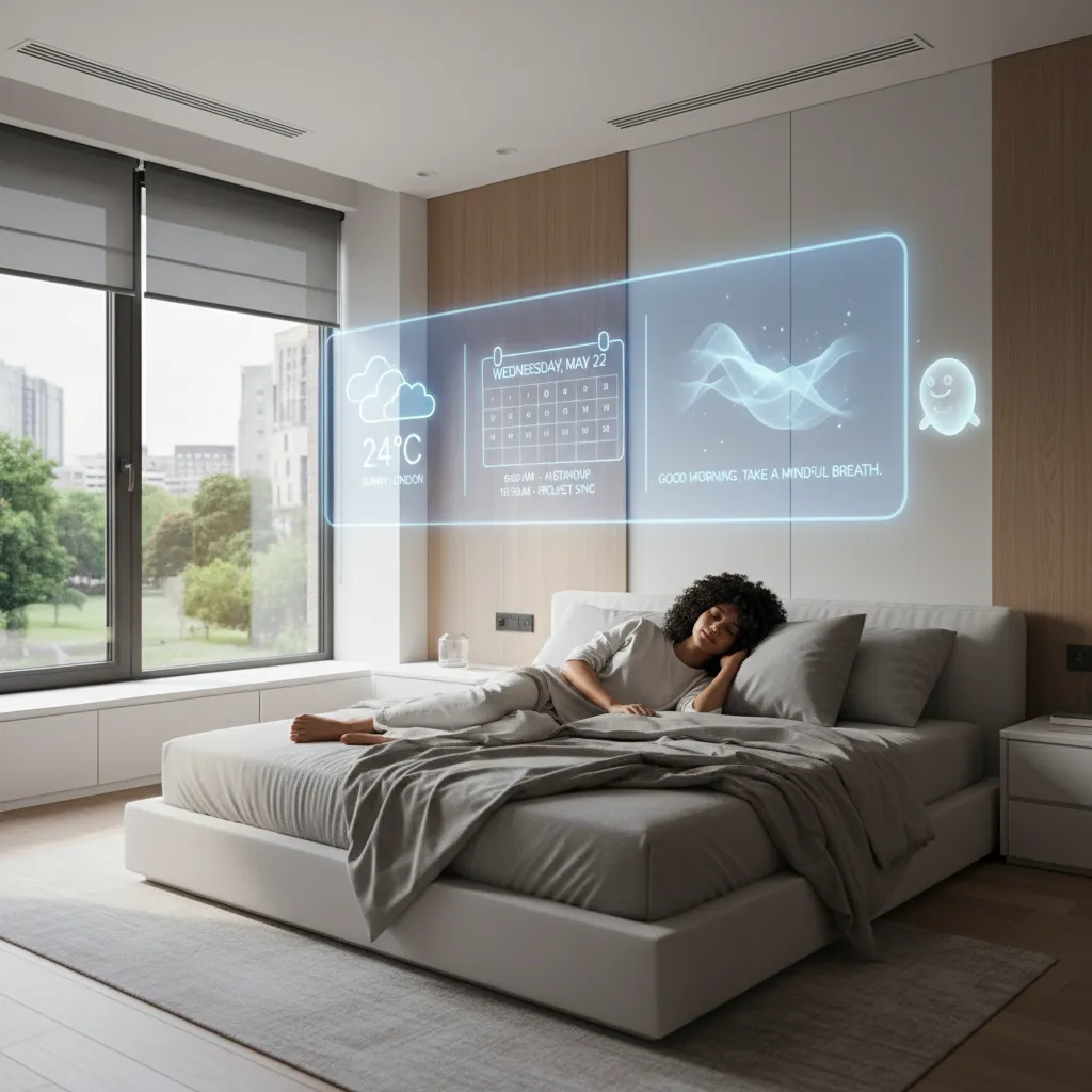 Person waking up to AI-powered holographic morning routine.