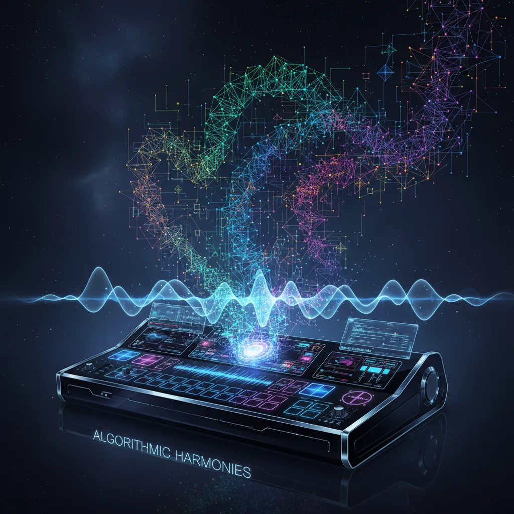 AI music synthesizer generating intricate digital sound wave patterns.