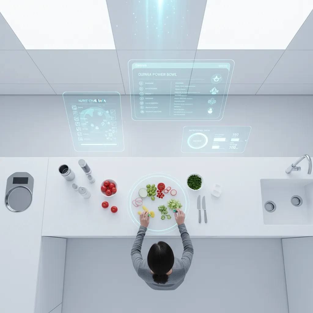 Person preparing a healthy meal with AI holographic recipe