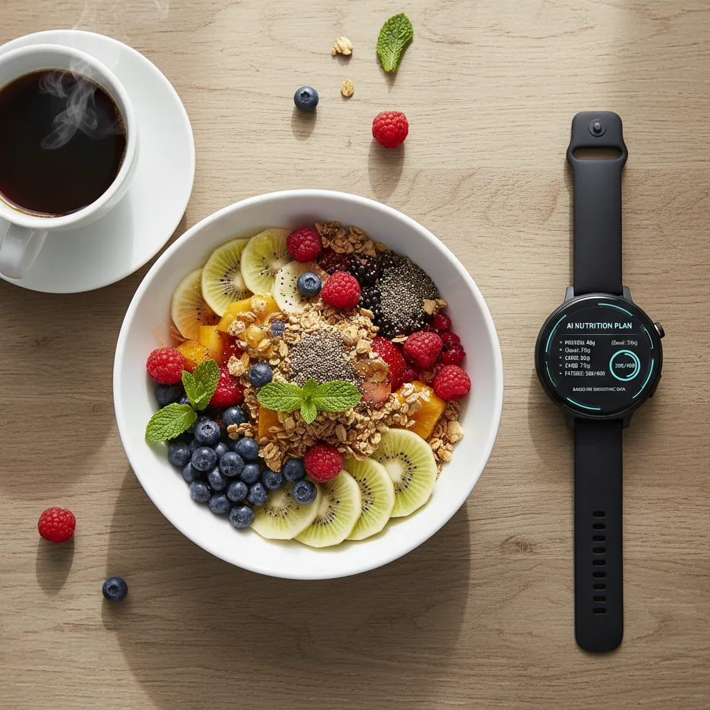 Smartwatch displaying AI-generated nutrition plan on a breakfast table