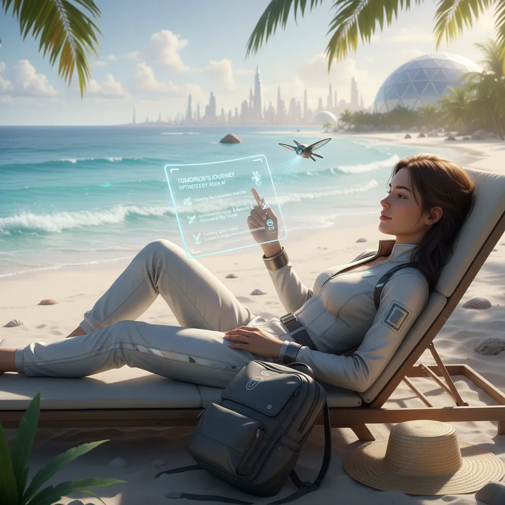 Traveler reviewing an AI-optimized itinerary on a transparent device on a beach