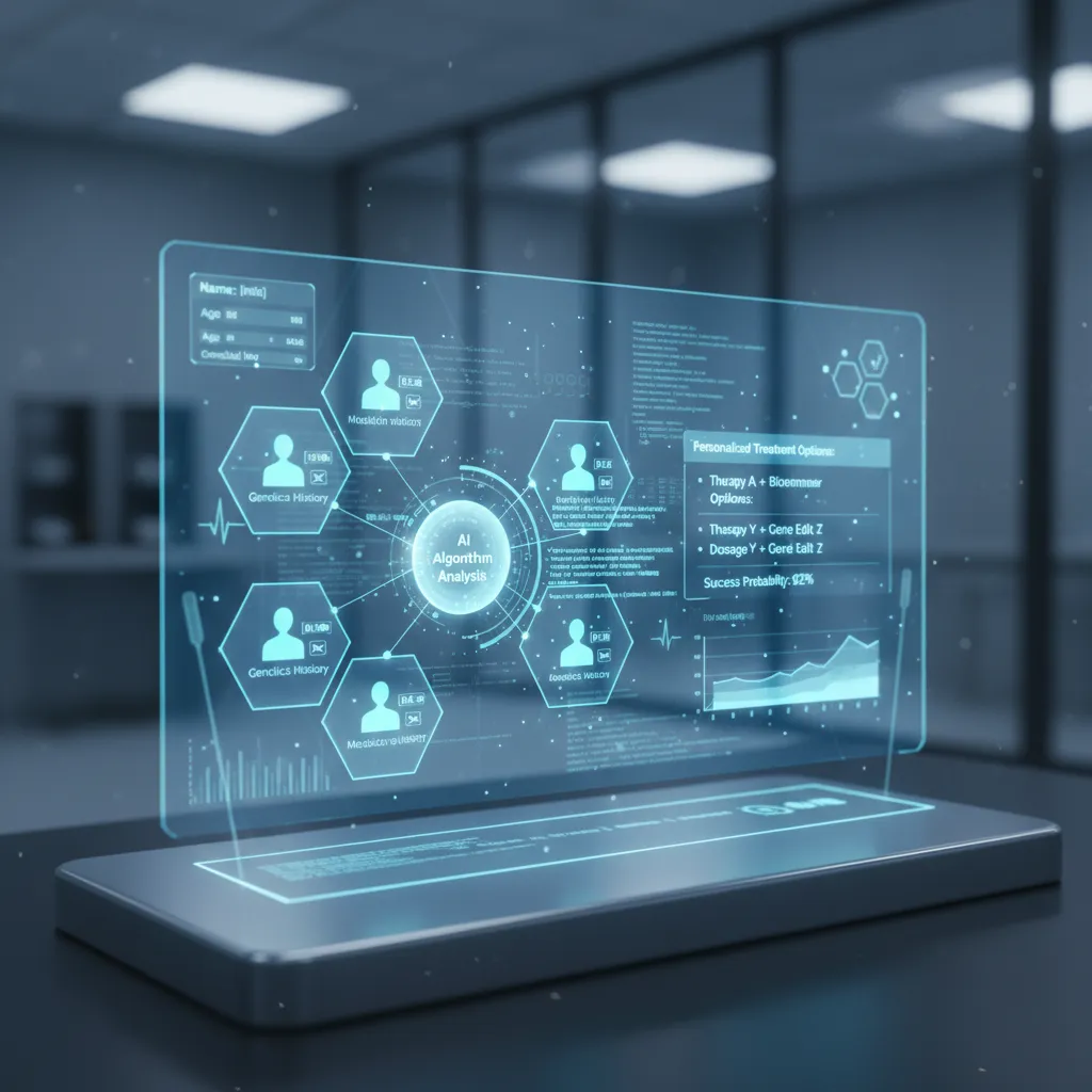 AI analyzing complex patient data charts and genetic information on a holographic screen to create a personalized treatment plan.
