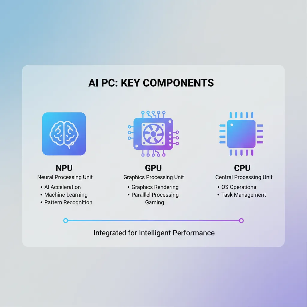 Diagram showing the internal components of an AI PC, highlighting the CPU, GPU, and the new NPU (Neural Processing Unit).