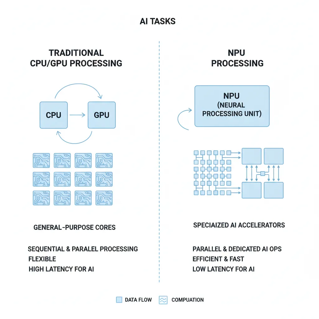 Diagram comparing NPU, CPU, and GPU processing