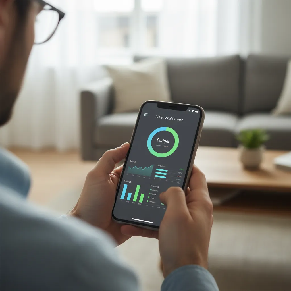 A person using a smartphone with an AI-driven personal finance app to manage their budget and investments.