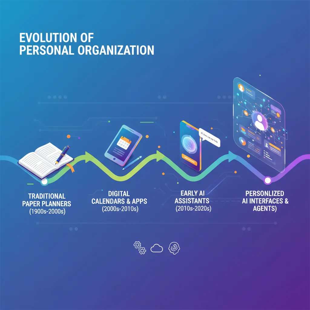 Infographic showing the evolution of personal management tools from paper to AI