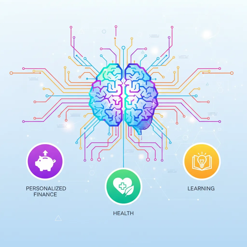 Abstract illustration of AI personalizing different life aspects like finance, health, and entertainment.