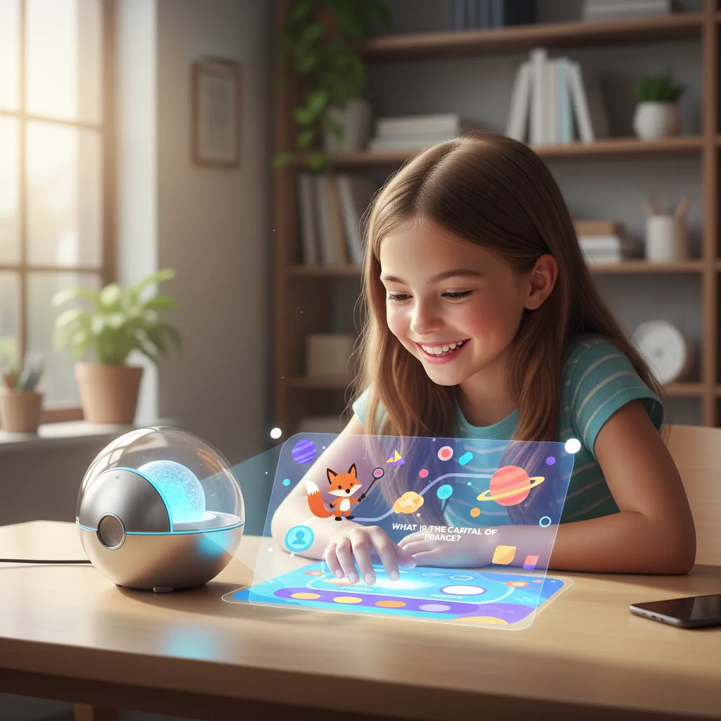 Child engaging with AI-projected personalized learning on a tabletop.
