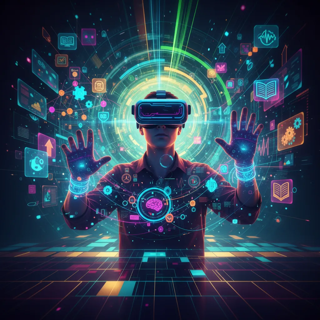 A professional using a VR headset for an immersive, AI-driven personalized learning experience.