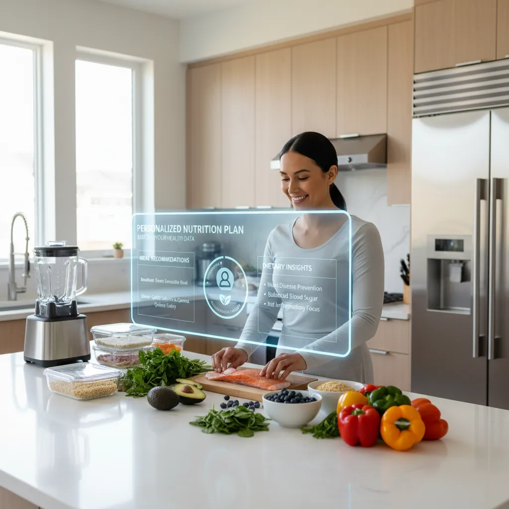 AI screen showing personalized nutrition plan in a kitchen