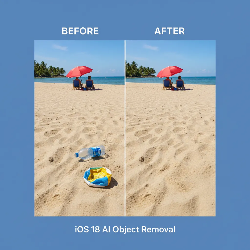 Before and after comparison of AI photo object removal on iPhone