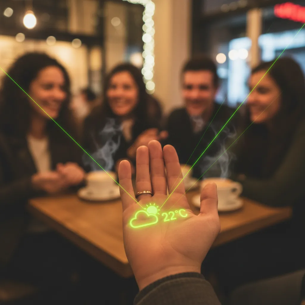 Illustration showing a person using the AI Pin's laser ink display on their palm to check notifications in a café.