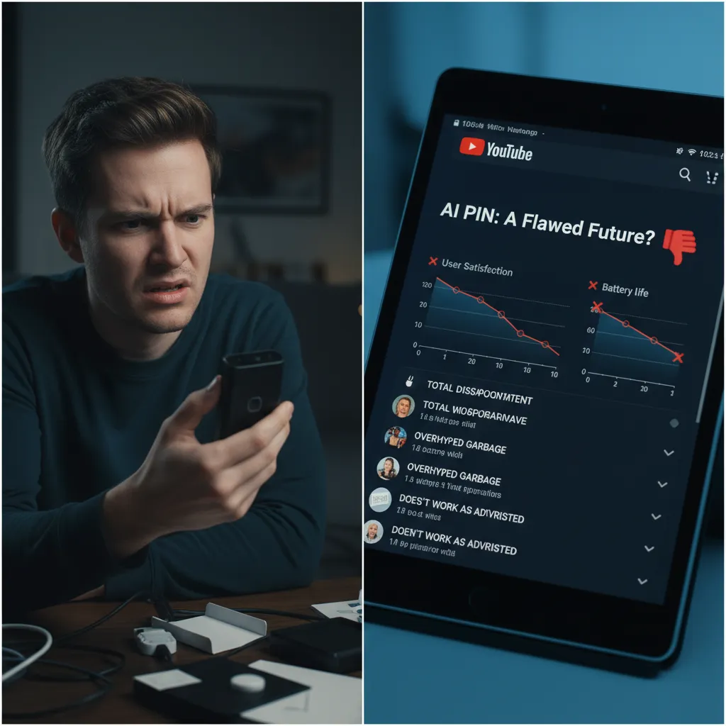 A split-screen showing a frustrated AI Pin user and a critical online video review, symbolizing user complaints.