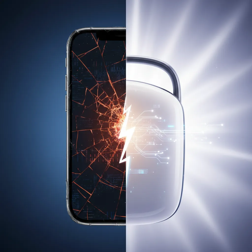 A conceptual image showing a smartphone shattering on one side and the sleek AI Pin emerging on the other, symbolizing a technological shift.