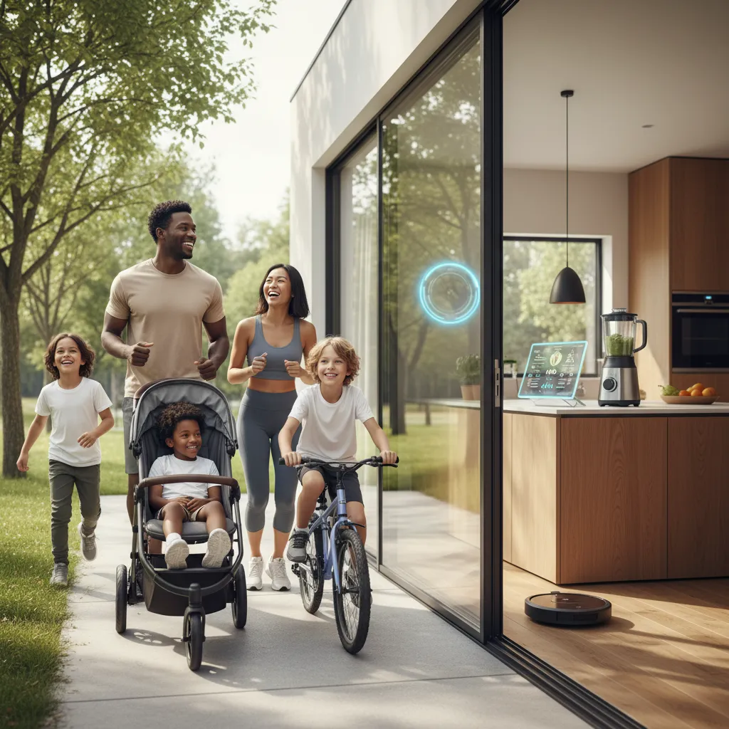 Family engaged in healthy activities with smart health devices