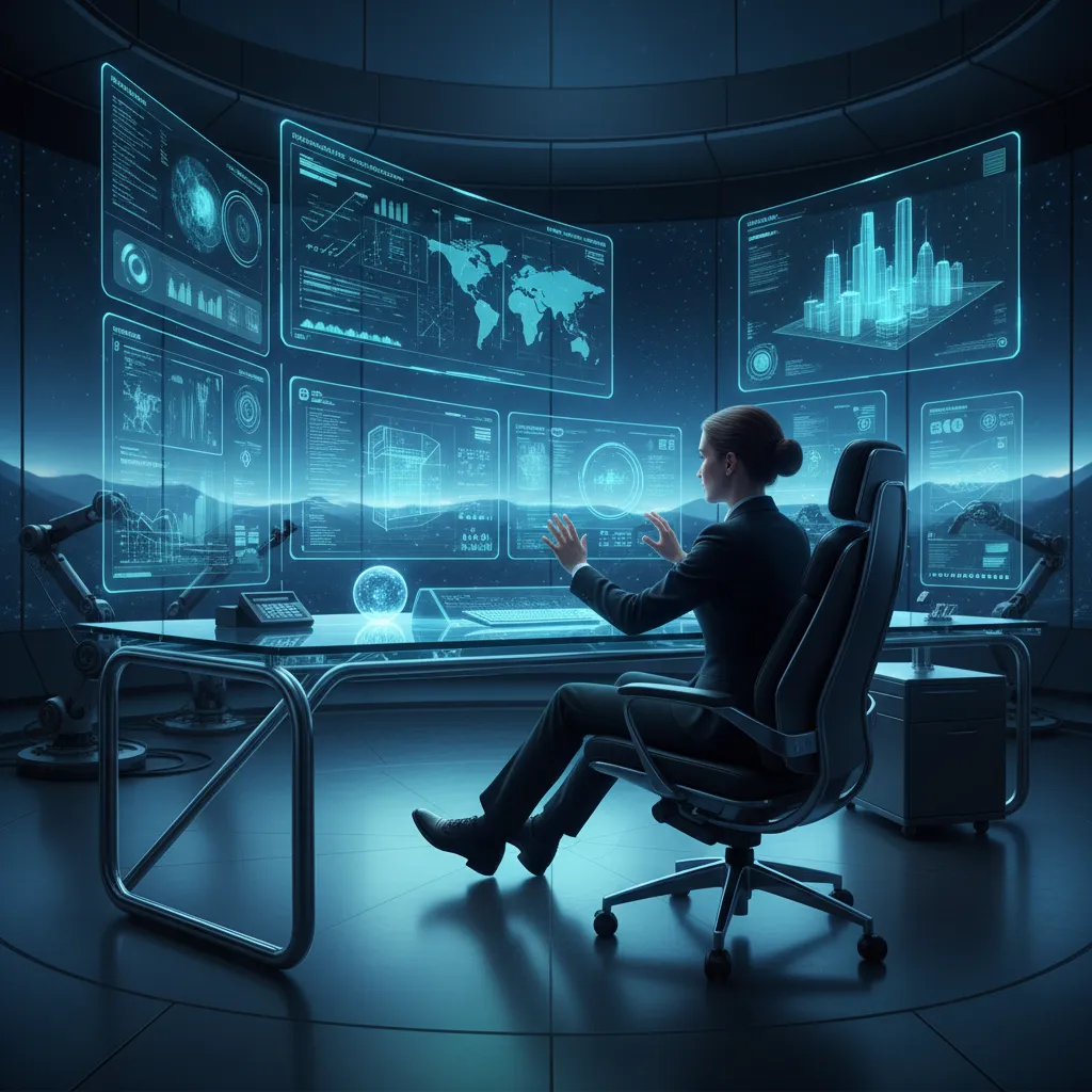 A futuristic desk setup with a glowing AI interface, symbolizing enhanced productivity through artificial intelligence.