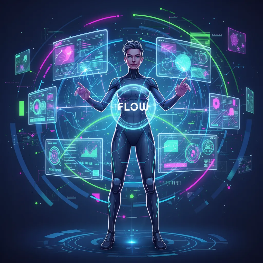 A vibrant, futuristic illustration depicting various AI tools seamlessly integrated into a professional's workday, symbolizing enhanced productivity and efficiency.