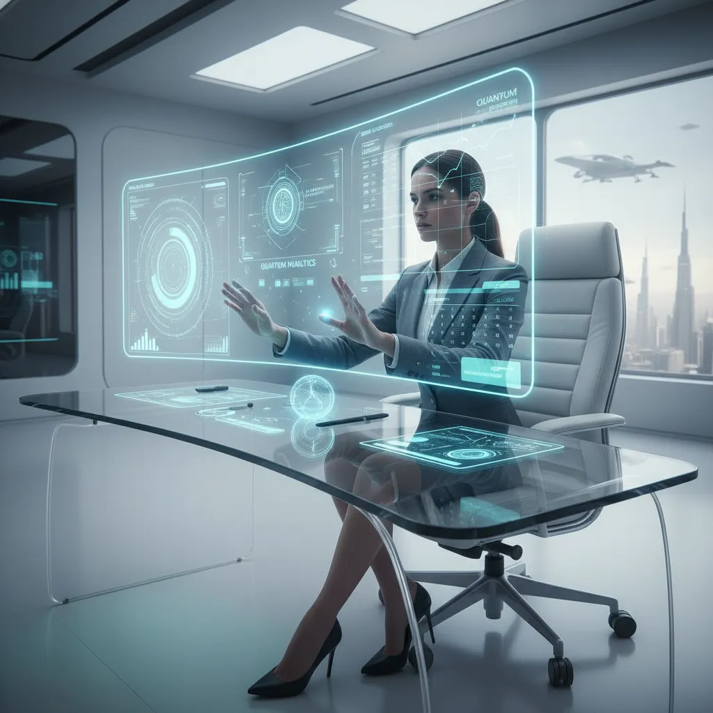 A vibrant, futuristic image showing a human hand interacting with a holographic interface displaying productivity apps, symbolizing the synergy between human and AI to boost efficiency.