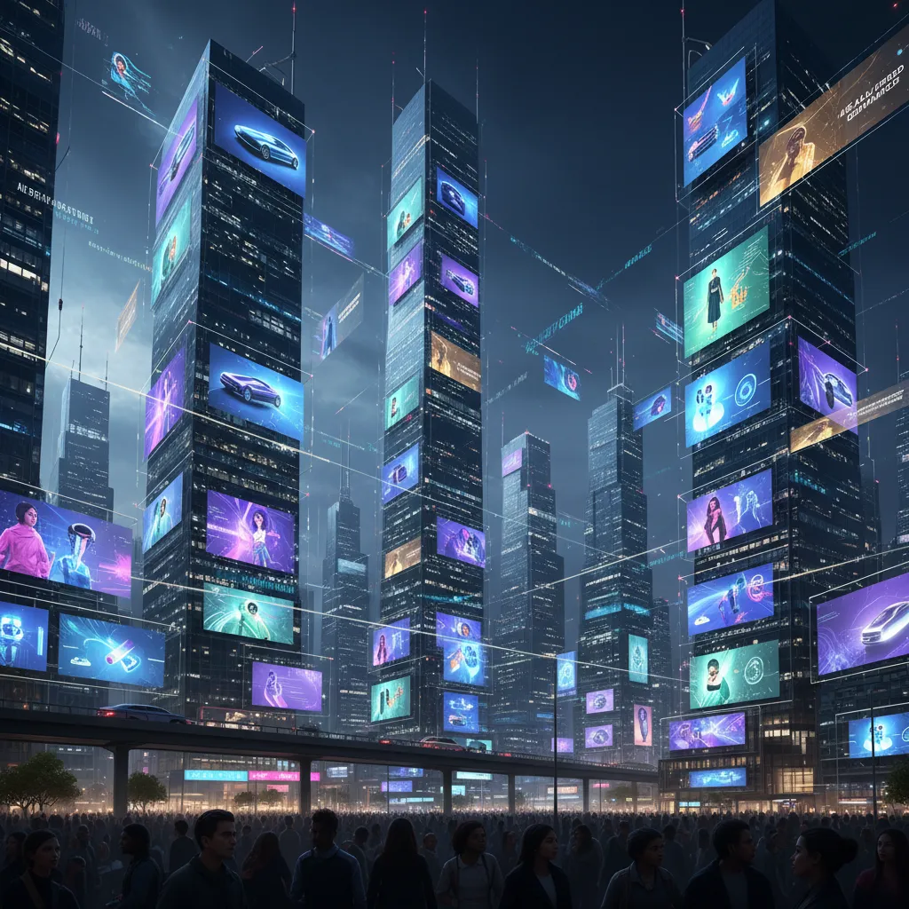 Futuristic cityscape with real-time AI video advertisements on large screens