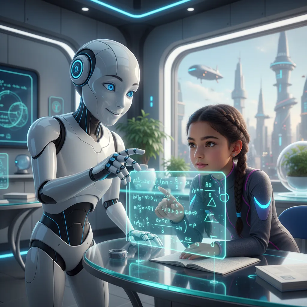 Friendly AI robot tutor assisting a child with math on a holographic screen