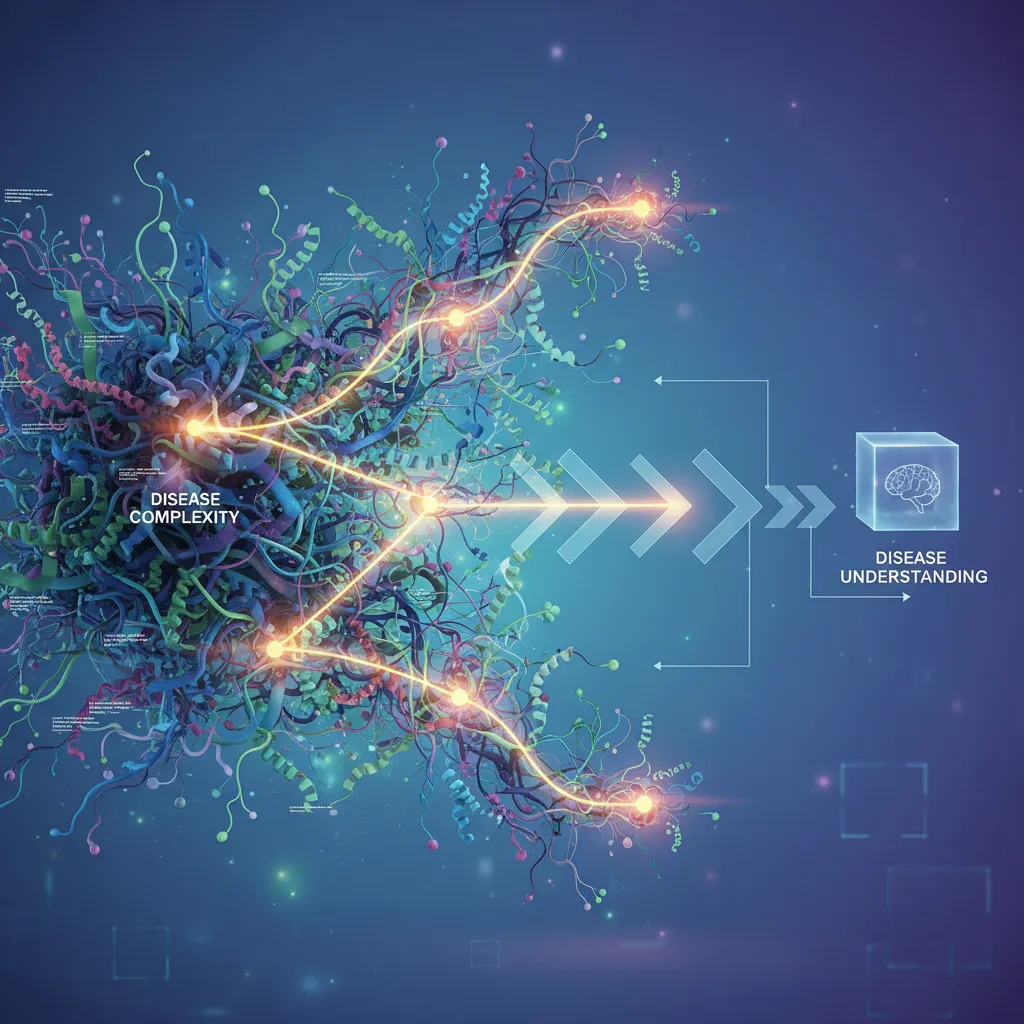 AI visualizes and simplifies complex biological pathways for disease understanding.