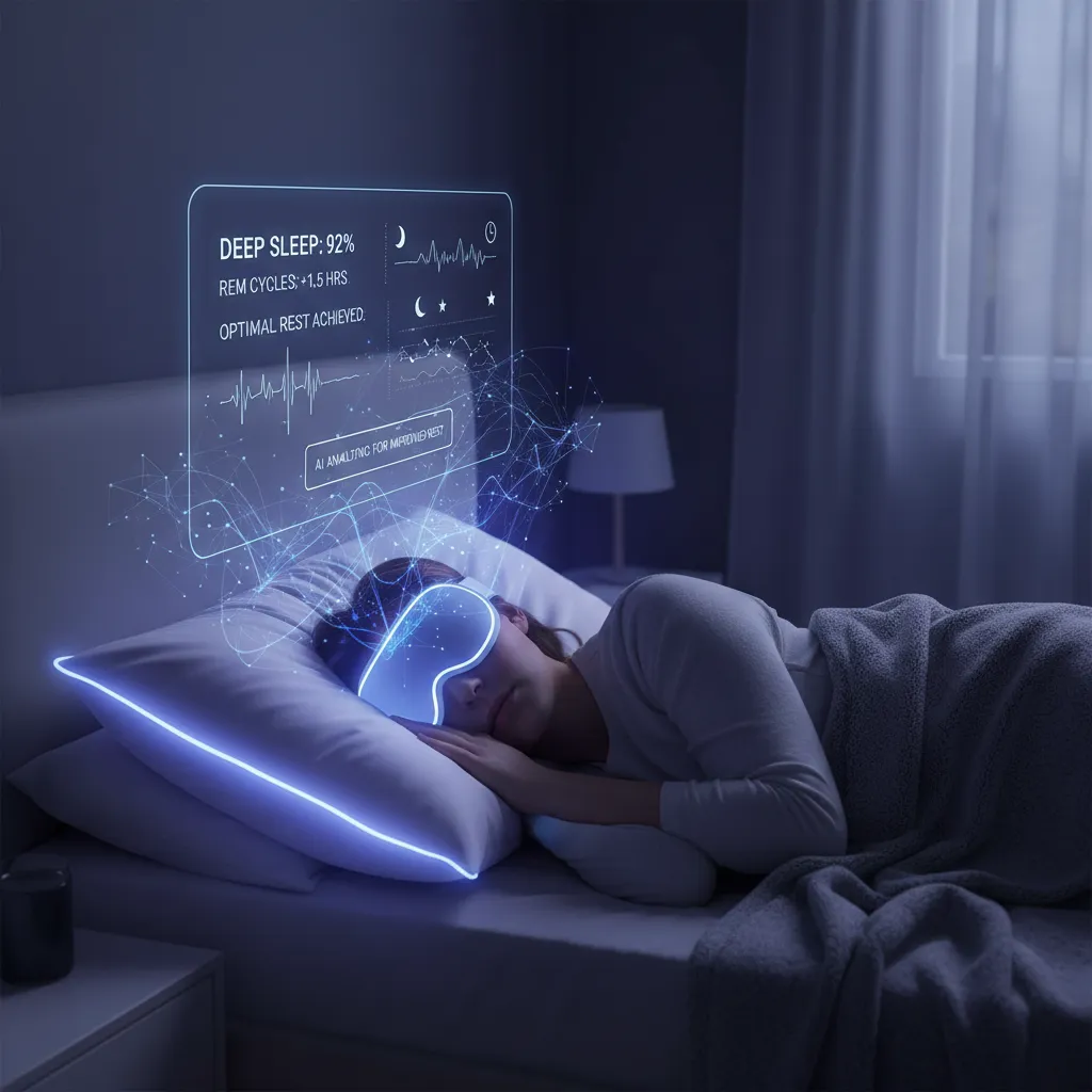 Person sleeping peacefully with a smart sleep tracker indicating AI analysis