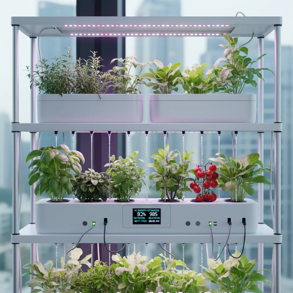 A sleek, AI-managed indoor vertical garden growing fresh greens with optimal light and water.
