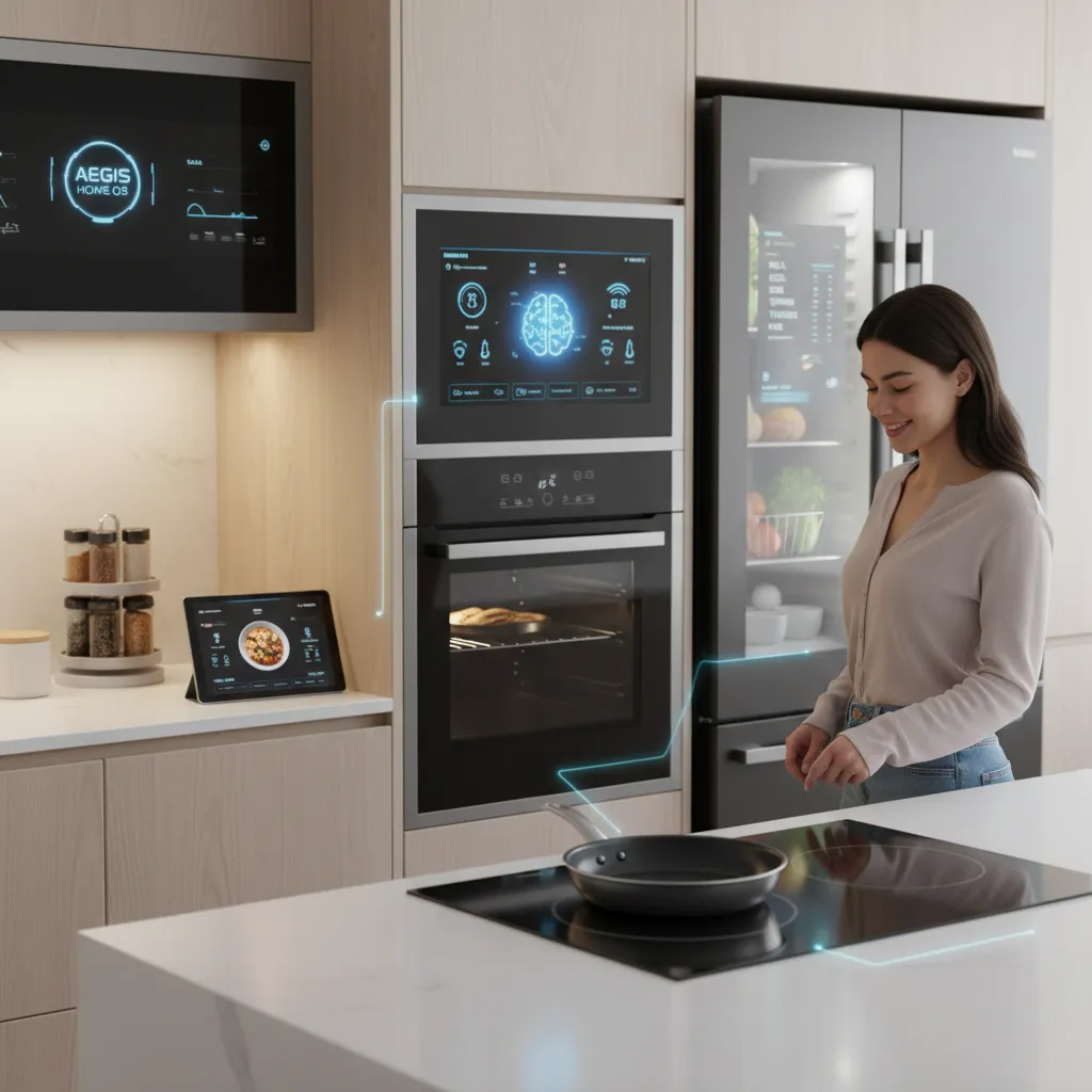 Person cooking in a smart kitchen managed by AI automation.