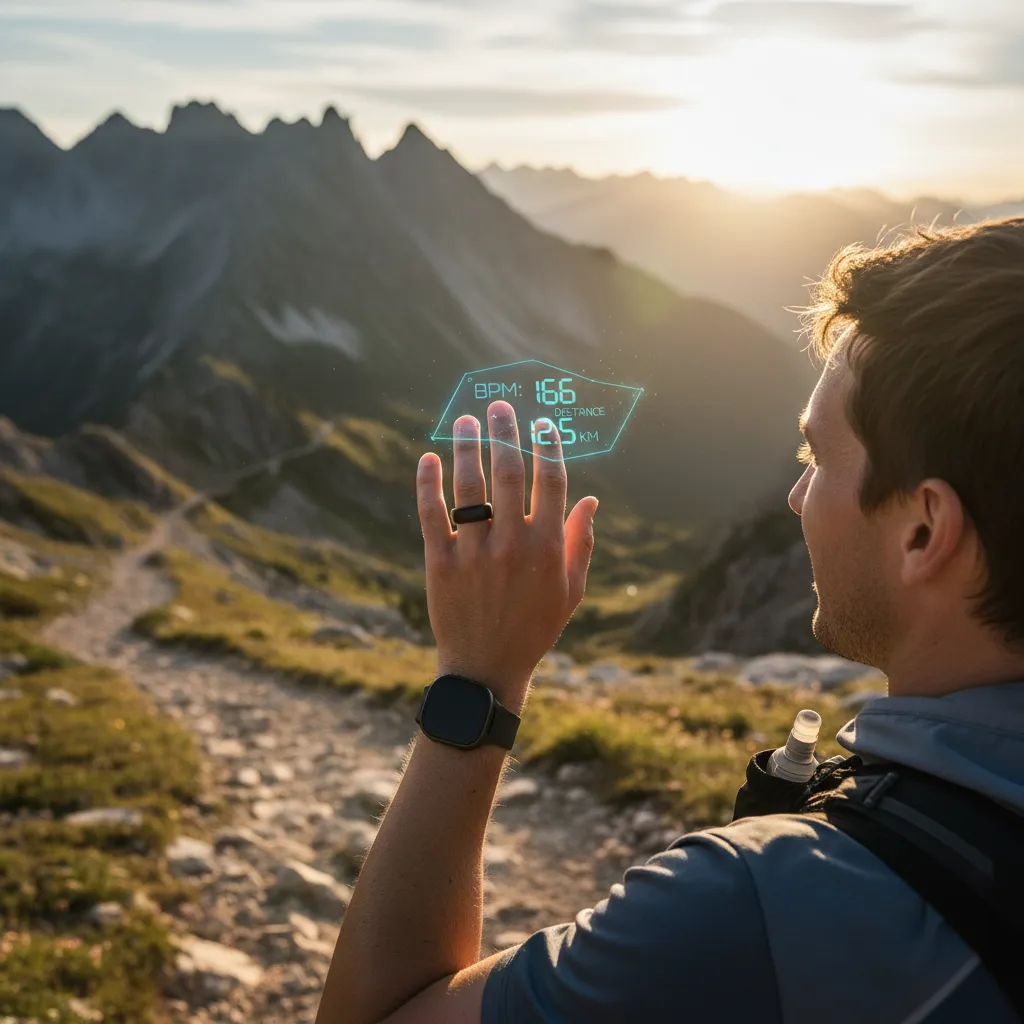 An athlete checking their performance metrics on an AI-powered smart ring after a run.