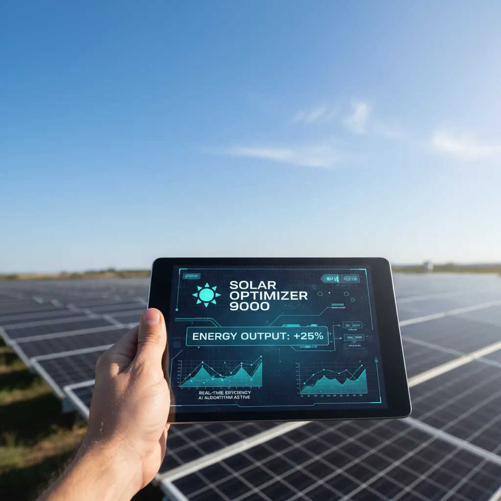 Hand holding tablet showing AI optimizing solar panel output