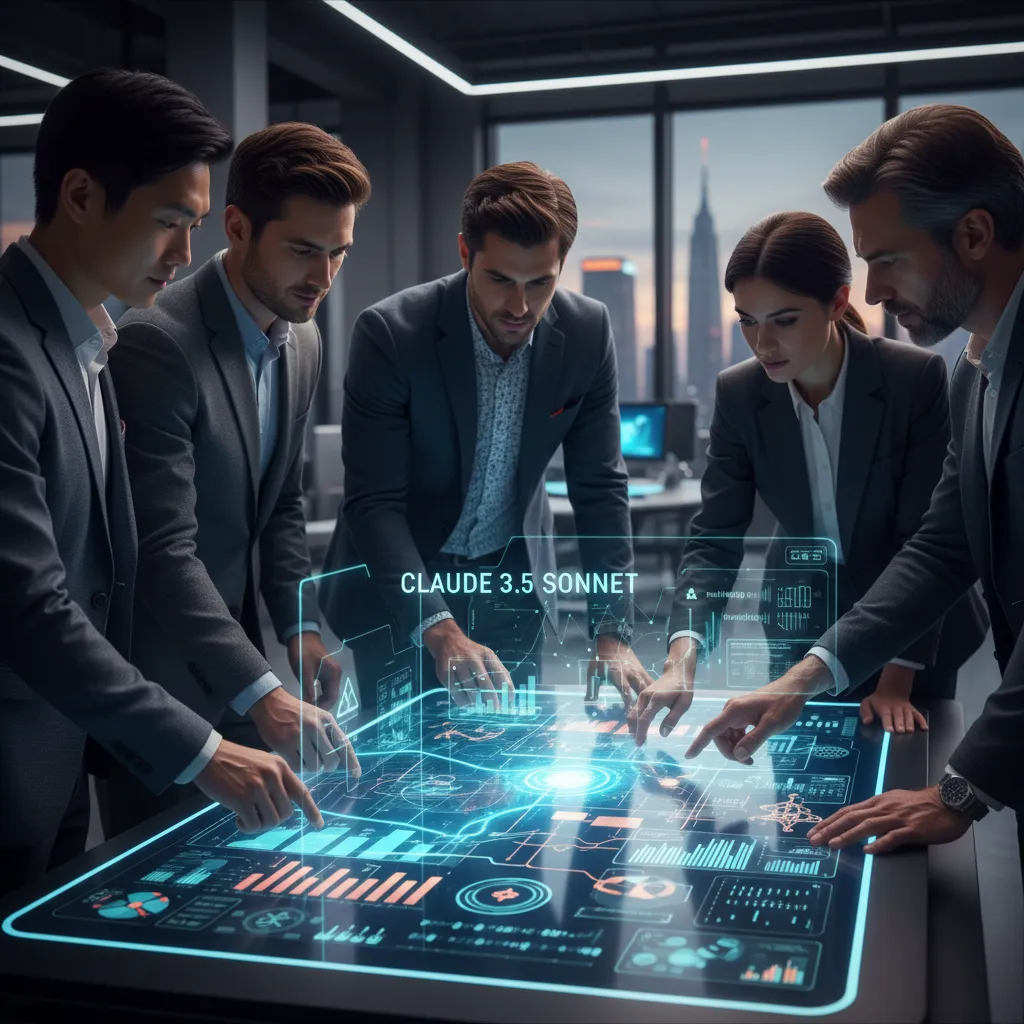 Team collaborating with AI data analytics