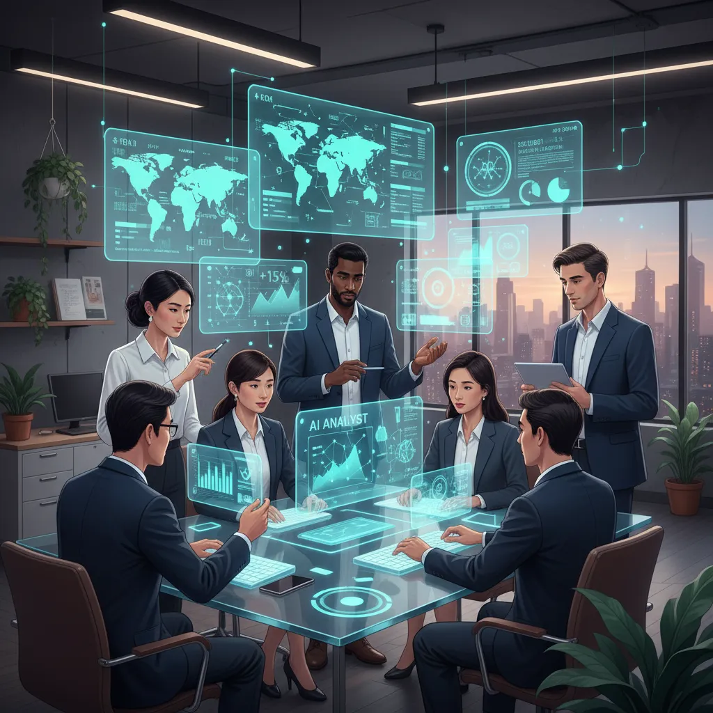 A team of diverse marketers analyzing AI-generated data on holographic screens, demonstrating collaboration and strategic planning with artificial intelligence in a modern office setting.