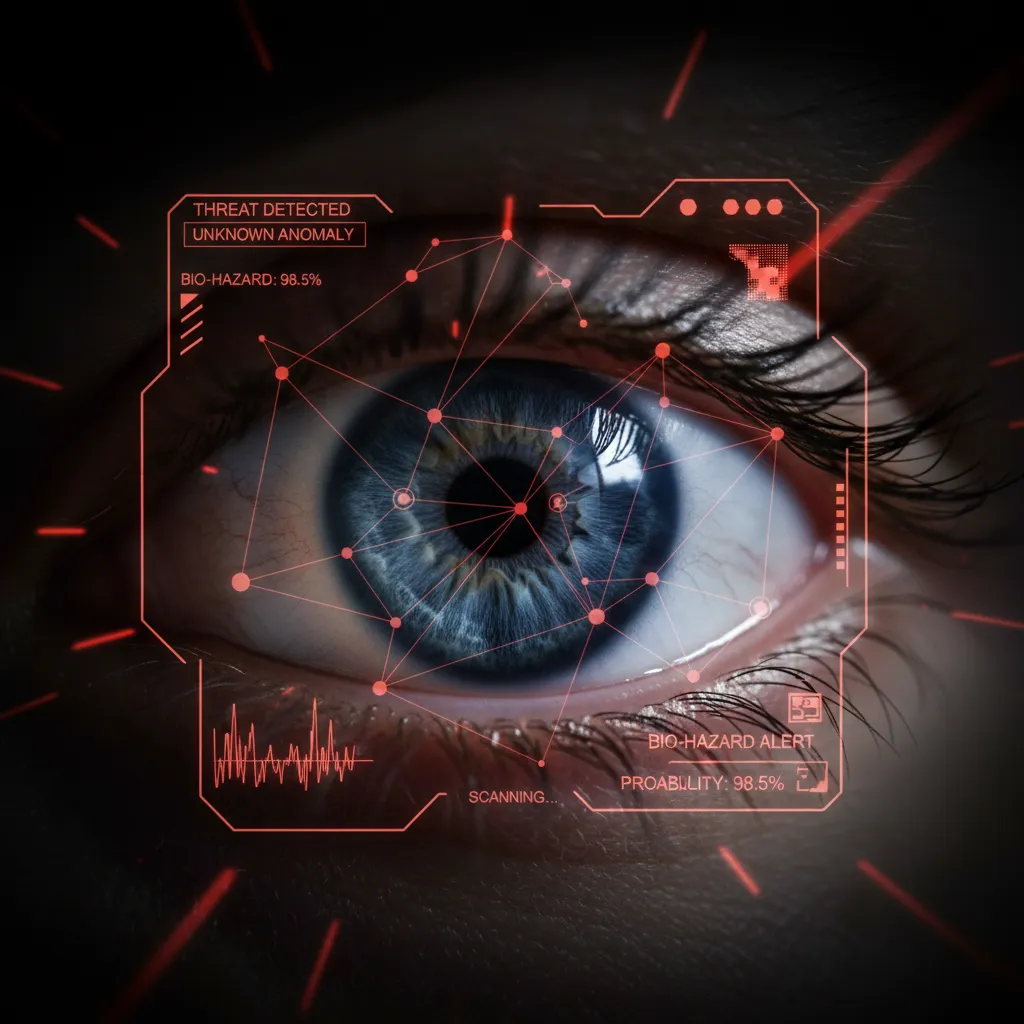Close-up of eye with digital overlay showing AI threat detection