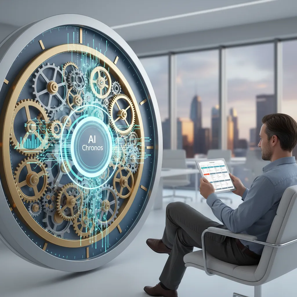Stylized clock with digital graphs and a person viewing a tablet, illustrating AI time management.