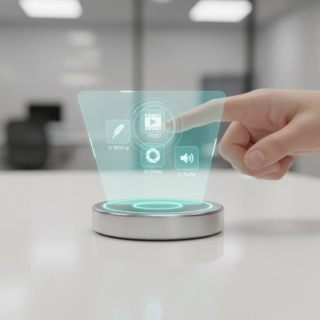 Hand interacting with holographic AI tools interface, showcasing intuitive control over advanced functionalities