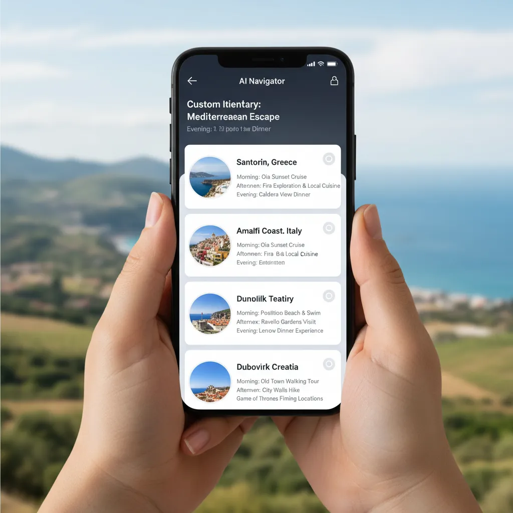 Smartphone showing AI travel app with personalized itinerary