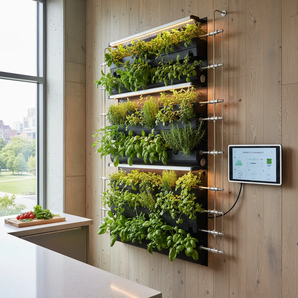 AI-powered vertical garden in a kitchen