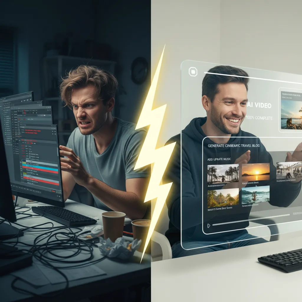 Person struggling with traditional video editing versus person easily creating video with AI