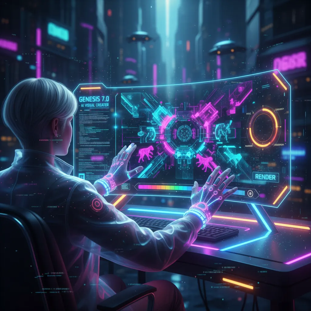 A vivid, cinematic hero image representing the power of AI in video generation, perhaps a futuristic interface with a video playing.