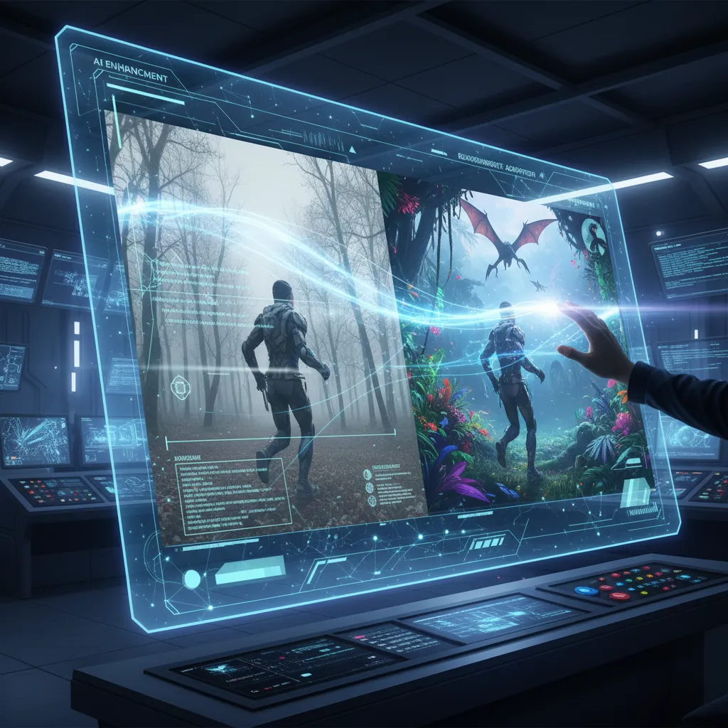 Holographic screen showing raw video footage transforming with AI effects.