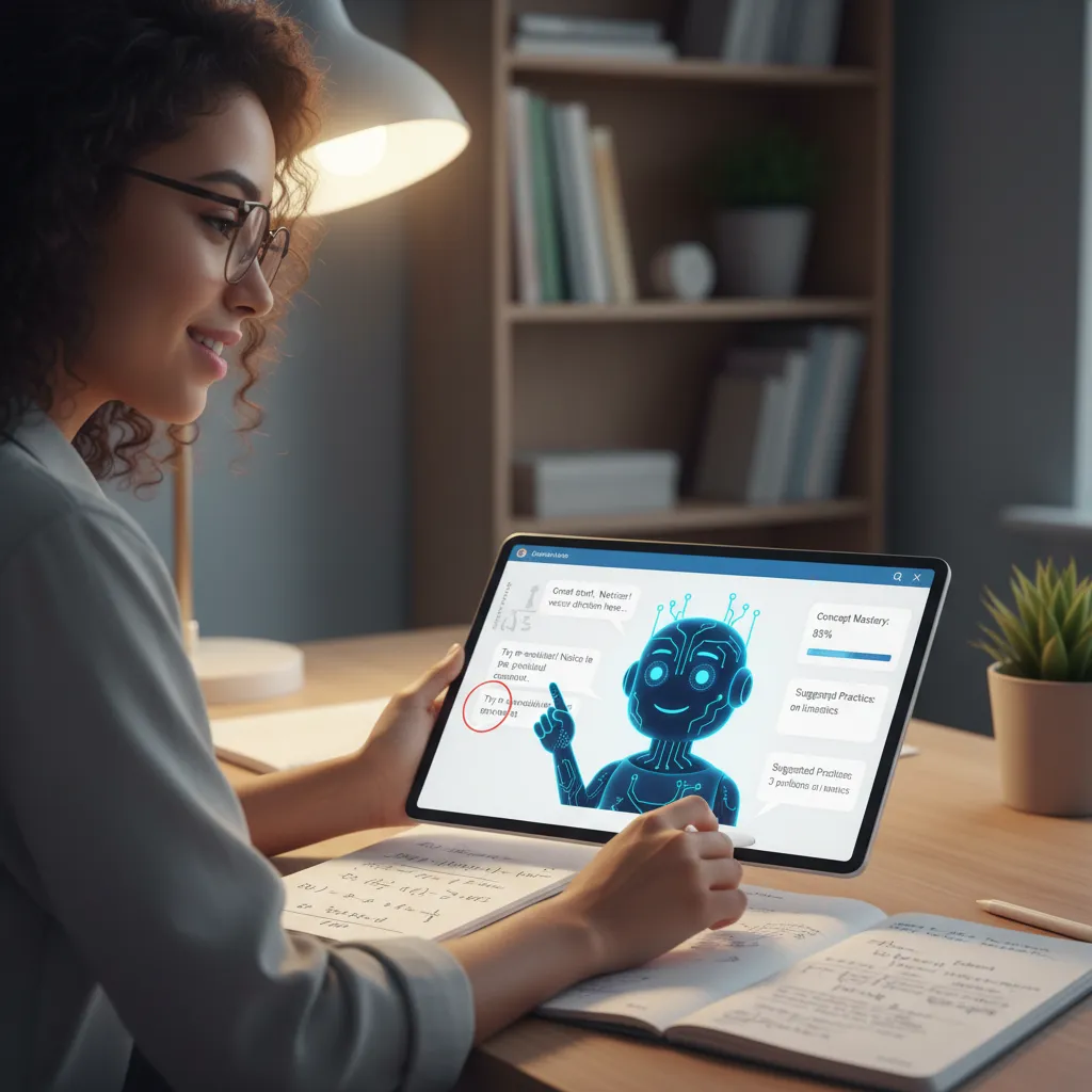 Student receiving AI-powered personalized feedback from a virtual tutor on a tablet.