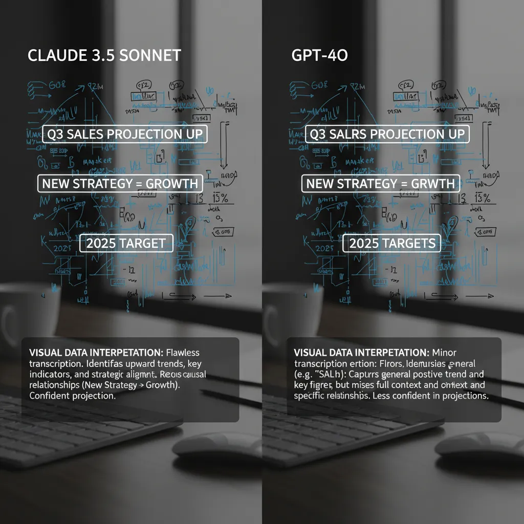 An AI analyzing a complex architectural blueprint, with Claude 3.5 Sonnet providing more accurate annotations than GPT-4o in a side-by-side view.