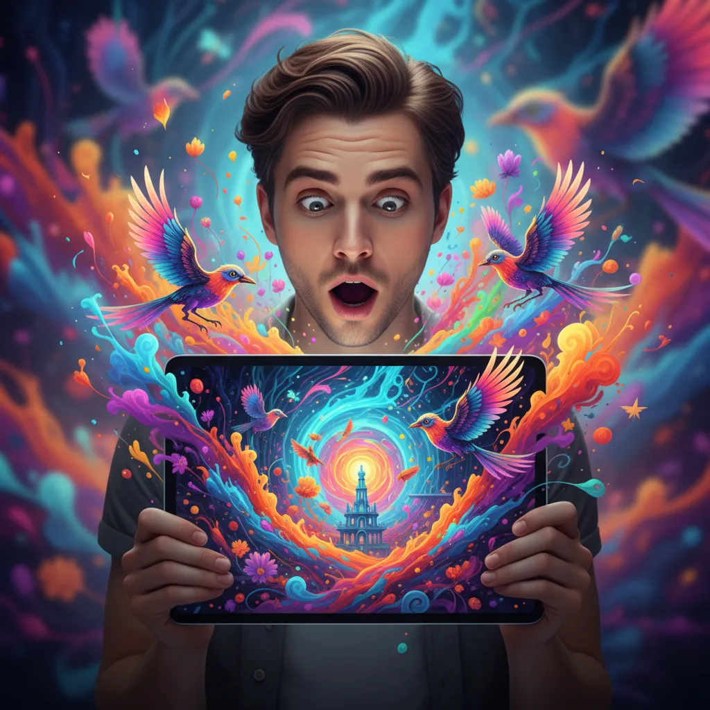 User amazed by AI-generated artwork on a tablet.