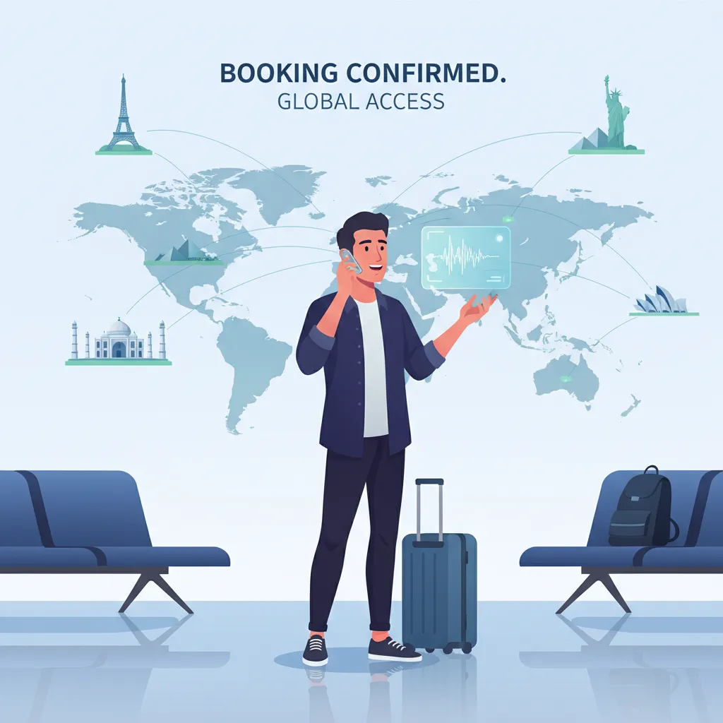 Person using a voice-activated AI assistant for travel bookings, with global landmarks in the background.