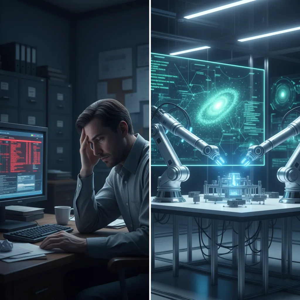 A split image showing a traditional office worker on one side and a futuristic AI-powered automated system on the other.